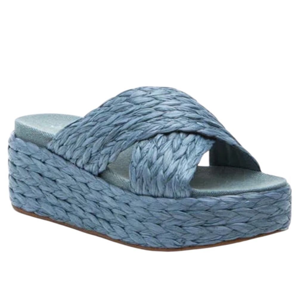 J/SLIDES Quiver Espadrille Platform Slide Denim Raffia Wedge Size 7 NEW